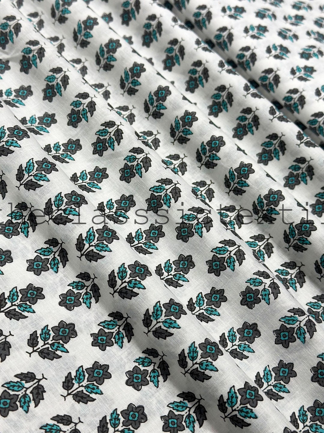 Floral Hand Block Printed Blue Fabric, Cotton Fabric, Indian Fabric ...