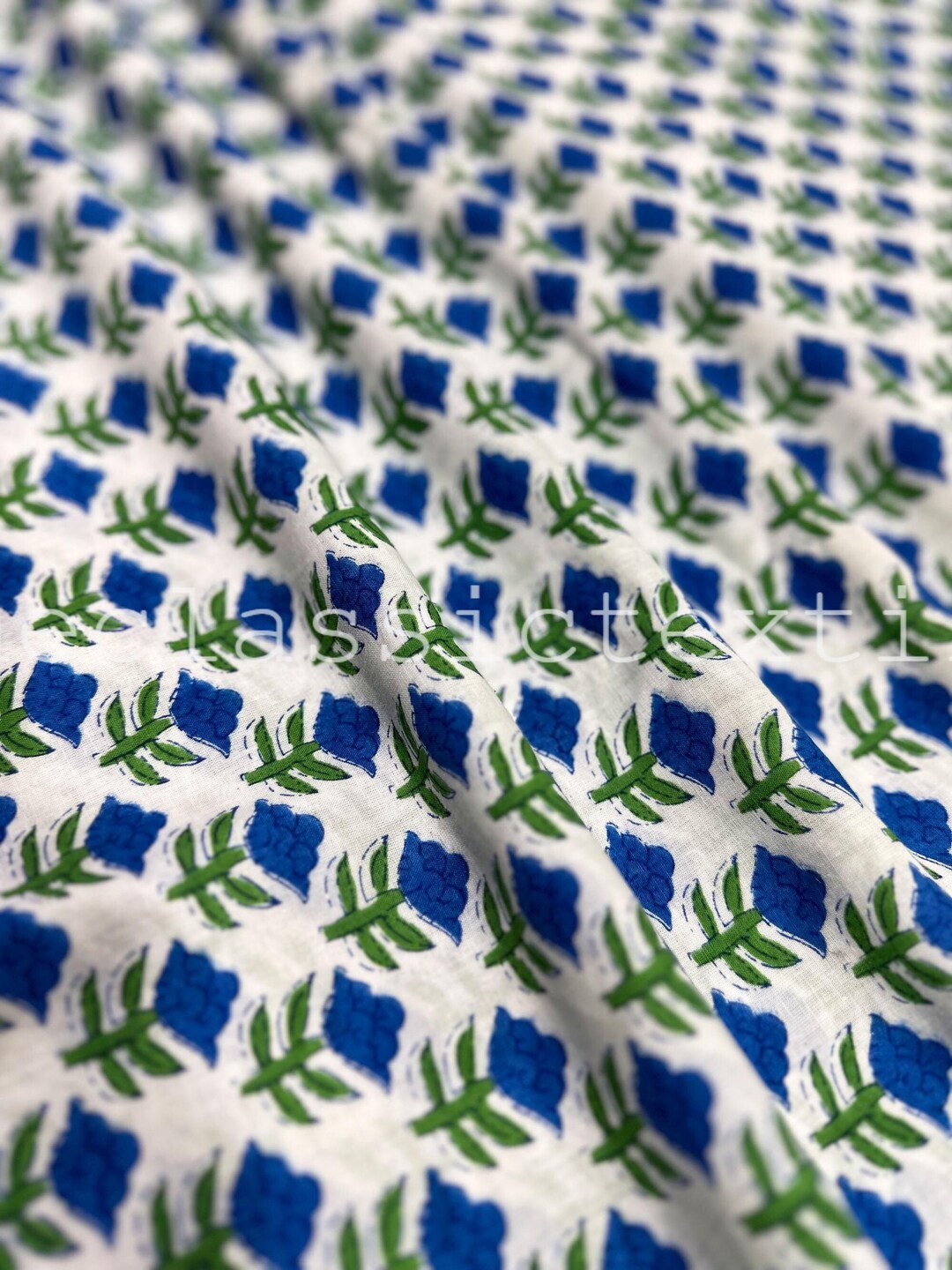 Blue Floral Print Block Print Fabric, Indian Cotton Fabric, Handmade