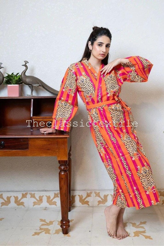 Orange Tiger Print Cotton Kimono Robe, Bridesmaid Robe, Pink Animal Print Kimono, Summer Nightwear, Beach Cover Up, Maternity Wear