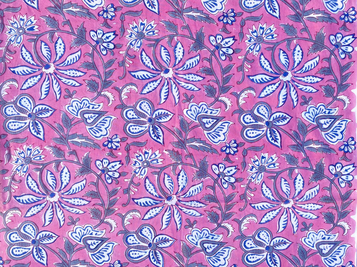 Pink Floral Print Block Print Fabric Indian Cotton Fabric Etsy