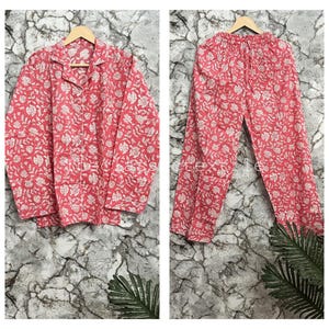 Hand Block Print Pajamas, Floral Pure Cotton Pj&#39;s, Pajamas Set ,Indian Cotton,Night Wear, Soft Cotton Night Suit,Gift for her,Bridesmaid Pj