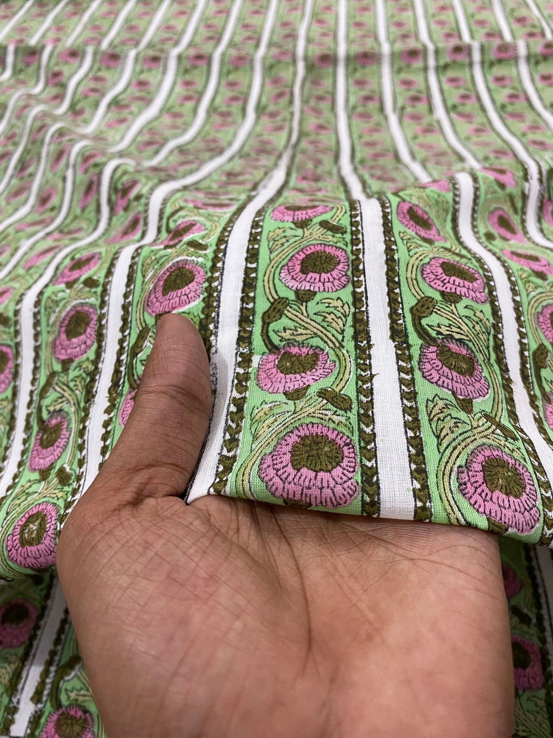 Green - Natural Dyed Block Print Cotton Nandana Fabric 05