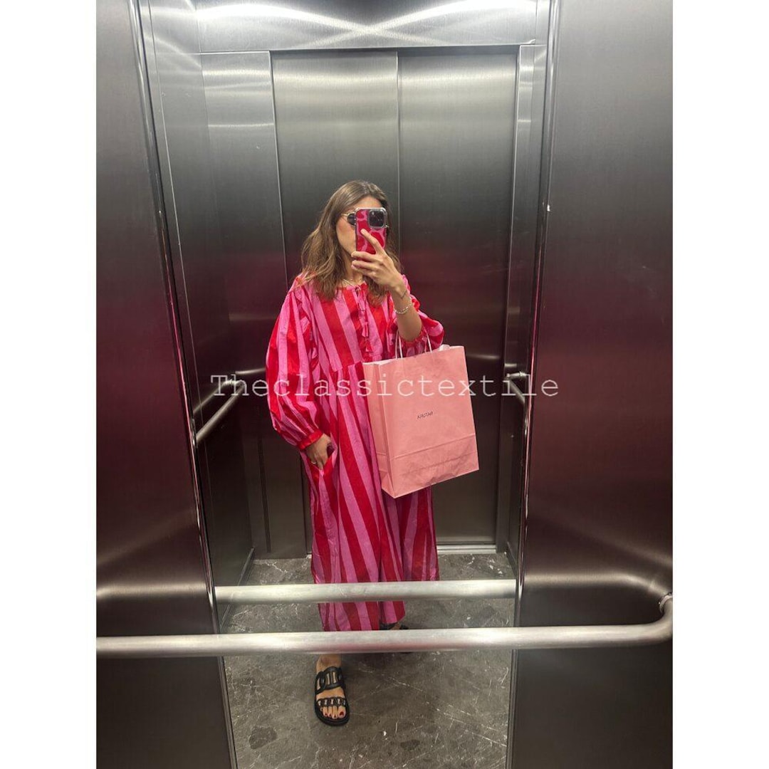 red-pink-striped-block-print-dress-deep-neck-with-string-closer