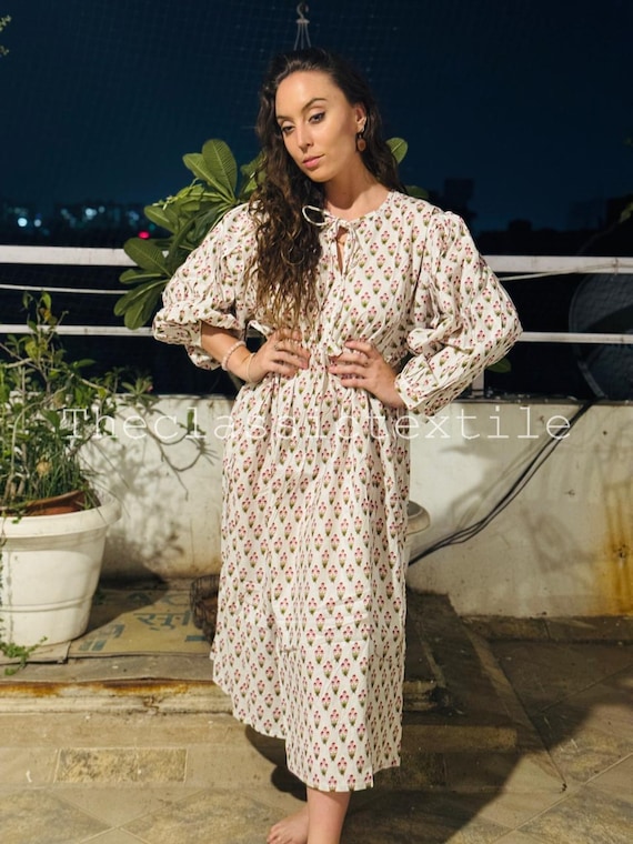 Hand Block Printed Organic Cotton Midi Dress: Floral Boho Tunic