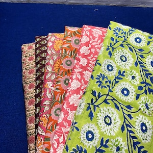6 Floral Block Print Fabric, Indian Cotton Fabric, Dress Making Fabric, Printed Cotton Fabric, Sewing And Quilting Fabric