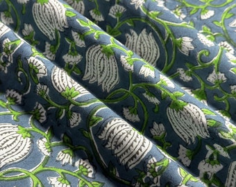 Tela con estampado de loto blanco cortada a medida, tela de algodón indio, tela hecha a mano, tela para vestidos, tela para costura, ropa de mujer