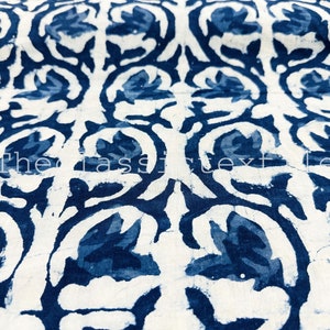 Fabric By The Yard Indigo Blue Cotton Fabric, Indian Block Printed Natural Vegetable Dye Sewing Fabric, Dabu Print Mud Resist Fabric