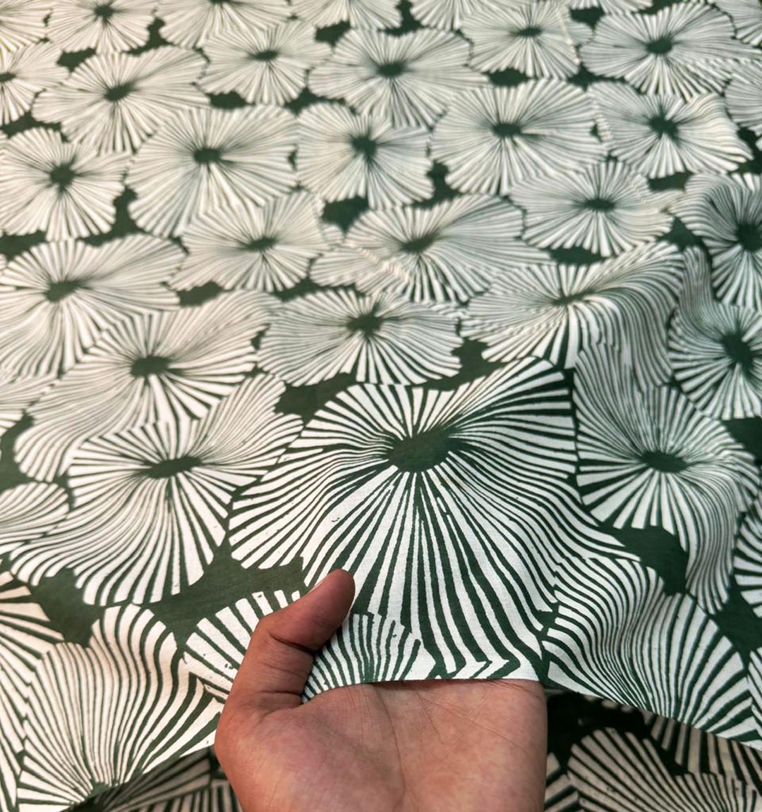 Green - Natural Dyed Block Print Cotton Nandana Fabric 14
