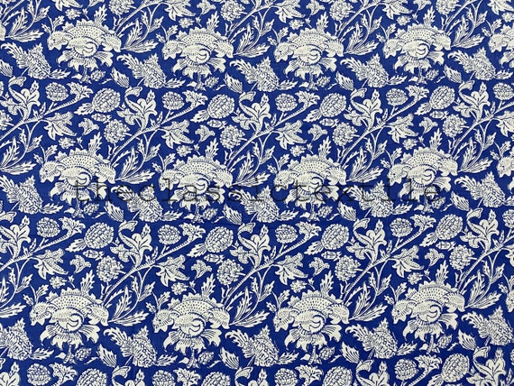 訳あり☆インド ブロックプリントキルト 大判 青白花柄 50cm単位