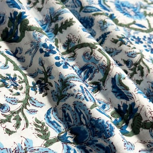 Blue And White Floral Print Block Print Fabric, Indian Cotton Fabric, Printed Fabric, Handmade fabric, Sewing Fabric By The Yard,Kids Fabric