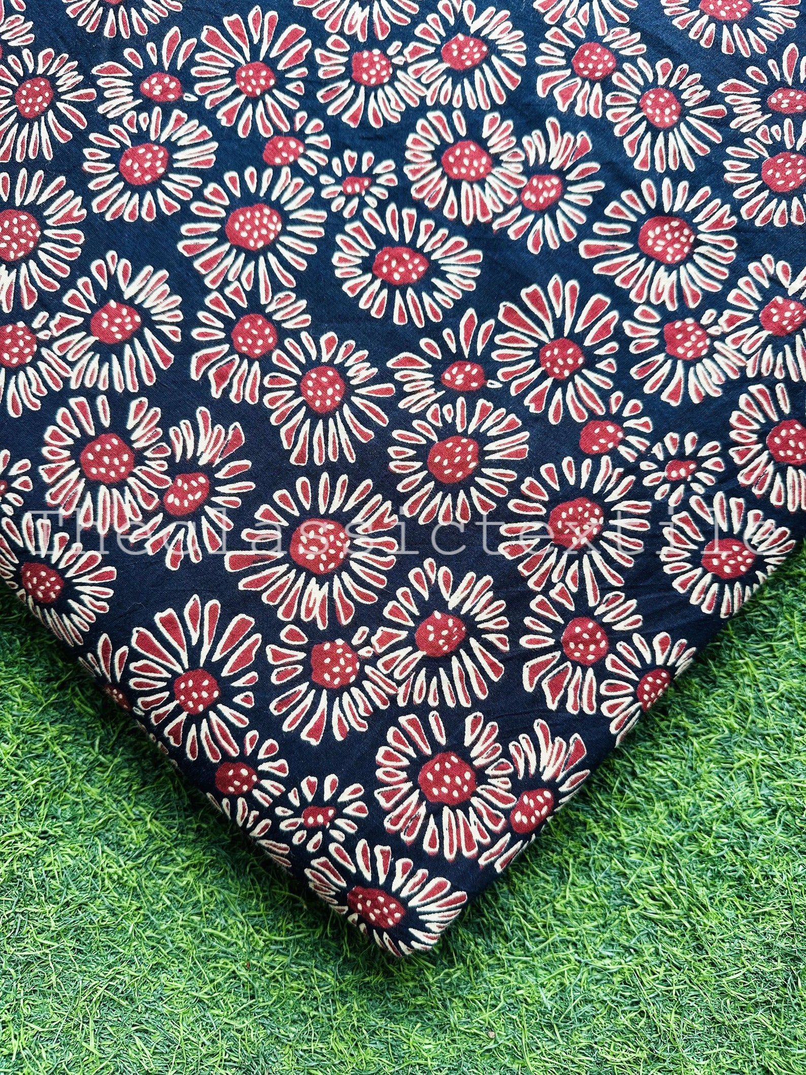 Hand Block Print Floral Cotton Fabric - 5 Yards, 45" Wide, 100% Cotton (White) 4 thumbnail image