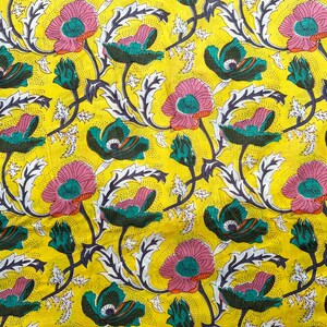 Yellow Hand block print, floral print, soft cotton fabric, Fabric modern floral fabric Indian print fabric womens dress fabric