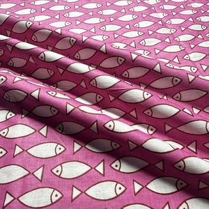 Pink and White Fish Block Print Fabric, Indian Cotton Fabric by the ...