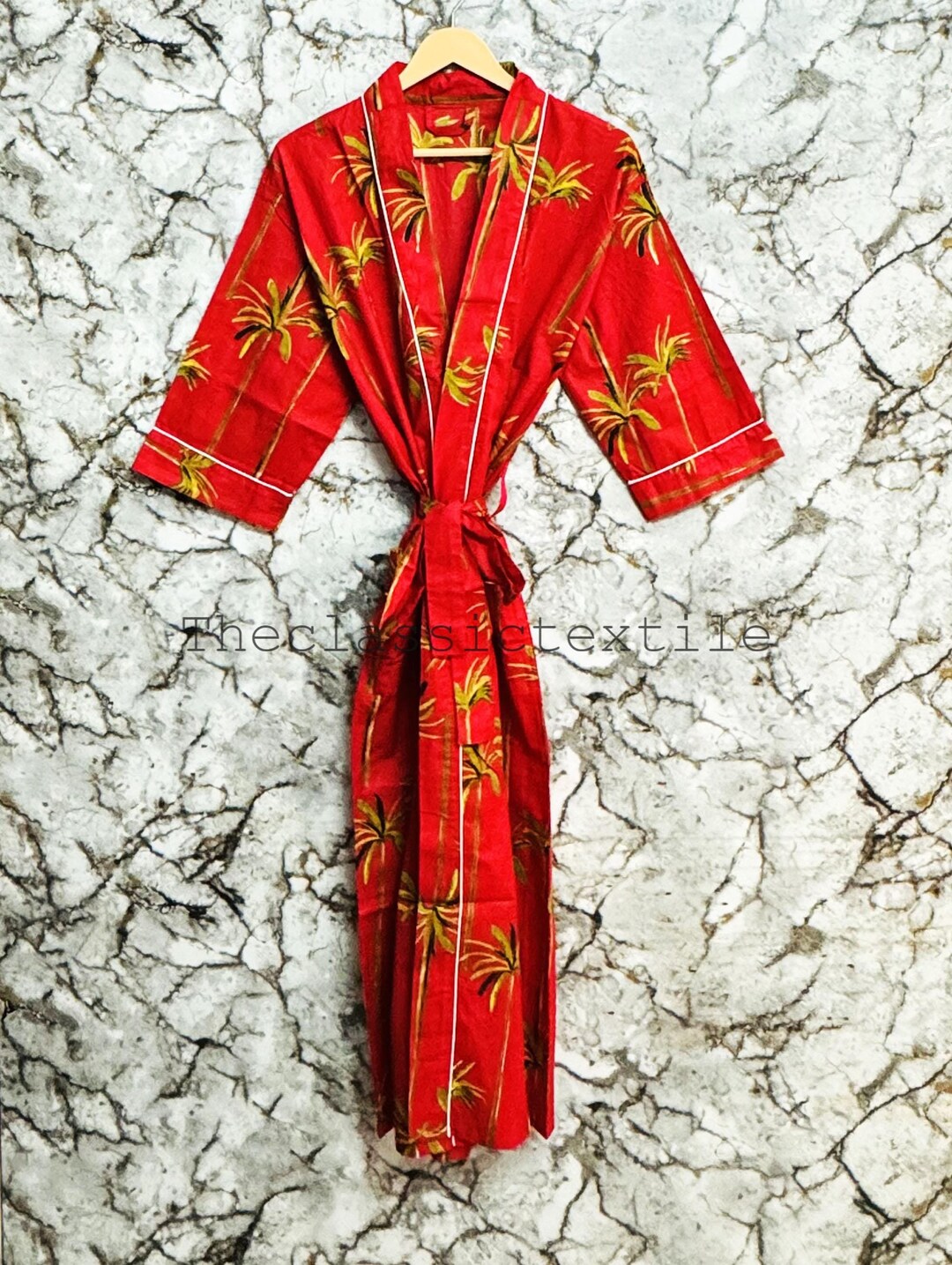 Red Cotton Kimono Robe Dressing Gown, Wedding Robe Block Print ...
