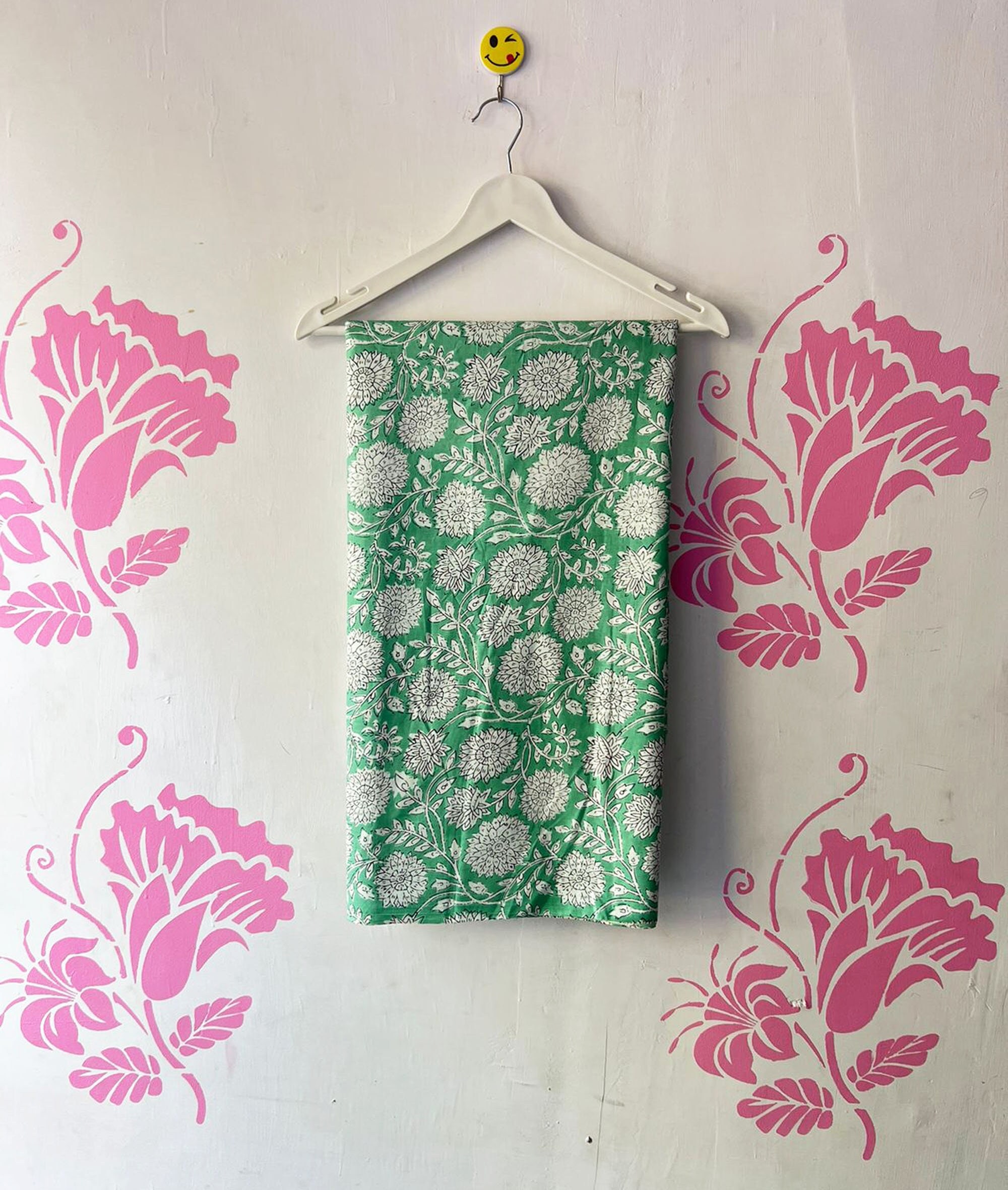 Round and Round twirl girls skirt in green floral hand block print cotton