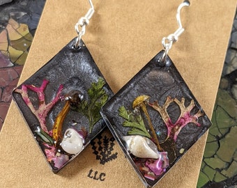 Mushroom Terrarium Resin Earrings: Real Plants & Shells, Silver Dangle Earrings
