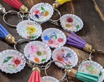 Pressed Flower Resin Keychain: Butterfly Bottle Cap Charm