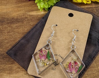 Silver Framed Resin Dangle Earrings: Real Dried Flowers & Acrylic Butterflies