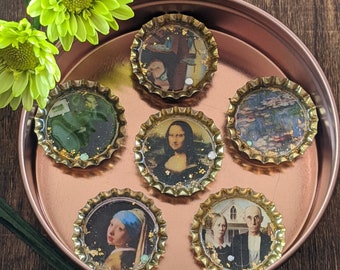 Handmade Bottle Cap Magnets: Famous Paintings, Art Nouveau, Set of 6