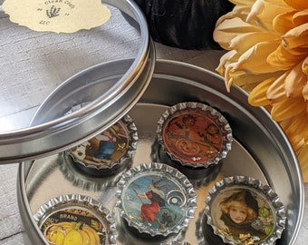 Halloween Bottle Cap Magnets: Vintage Style Set of 6