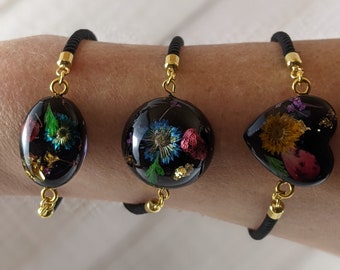 Botanical Resin Bracelet: Real Dried Flowers, Black Nylon Cord