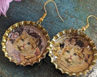Vintage Cat Bottle Cap Earrings: Gold Dangle Resin Earrings