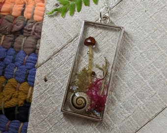 Real Mushroom Terrarium Necklace: Botanical Resin Pendant with Lichen & Shells