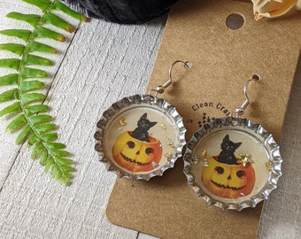 Halloween Bottle Cap Dangle Earrings: Pumpkin Cat Resin Earrings