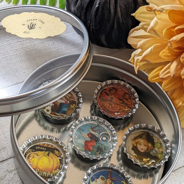 Set of 6 Halloween Themed Bottle Cap Magnets, Kitchen Magnets, Party Favors, Gift Set