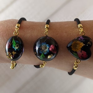 Botanical Resin Bracelet: Real Dried Flowers, Black Nylon Cord