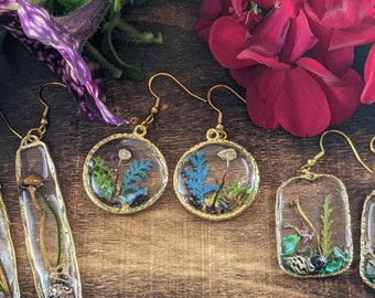 Mushroom Terrarium Earrings: Resin Forest Fungi, Moss, Shells