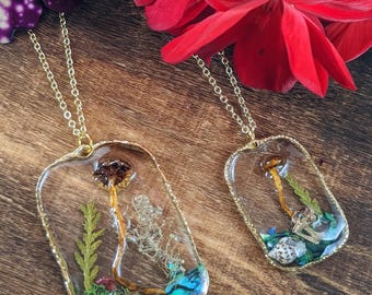 3D Mushroom Terrarium Pendant: Resin Forest Necklace