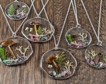 3D Mushroom Terrarium Pendant: Botanical Resin Necklace