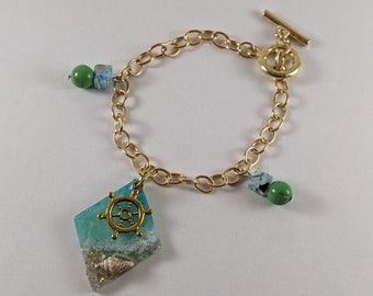 Gold-Plated Ocean Wave Bracelet: Real Sand, Shells & Resin
