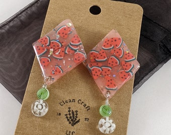 Watermelon Resin Earrings: Silver Post Fruit Slice Jewelry