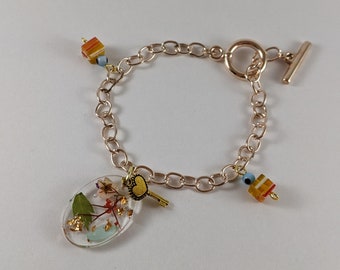 Rose Gold Charm Bracelet: Real Dried Flowers, Resin Toggle Clasp