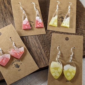 Resin Lemonade and Strawberry Smoothie dangle and drop earrings, Statement Fruit Earrings, Gifts for Her