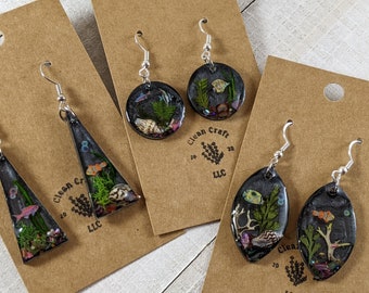Resin Aquarium Earrings: Real Plants, Shells, Tropical Fish