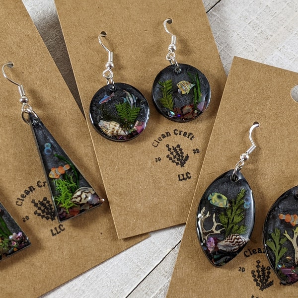 underwater ocean aquarium resin earrings with real plants and shells, dangle and drop earrings, gifts for her, silver, tropical fish