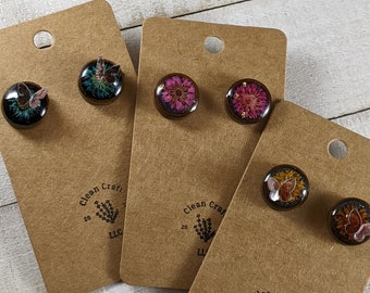 Resin Flower Earrings: Dried Flowers, Acrylic Butterfly, Glitter, Wood Studs