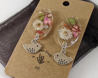 Resin Flower Earrings: Silver Bird Charm, Real Dried Flowers