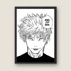 May include: Black and white framed print featuring a manga-style illustration of a male character with spiky hair. The character has a confident expression, and a speech bubble reads "Nah, I'd win."