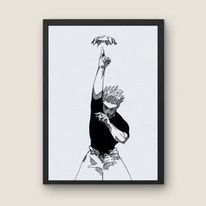May include: Black and white framed art print featuring a manga-style illustration of a person in a black shirt and white pants. The person is looking down with one arm raised, pointing at a stylized object.