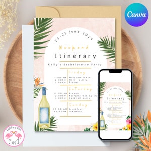 Boho Arch Tropical Bachelorette Party Itinerary Template, Editable Birthday Weekend Invitation, Strelitzia Wedding Program Printable, Canva