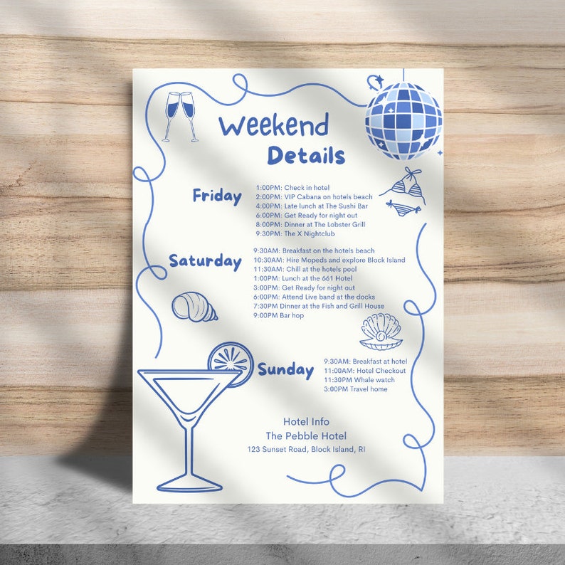 Op de afbeelding: Een weekendroute voor een reis naar Block Island, Rhode Island. De route omvat activiteiten zoals zwemmen, dineren en barhoppen. De route is voor vrijdag, zaterdag en zondag. Het hotel is The Pebble Hotel, gelegen aan 123 Sunset Road, Block Island, RI.