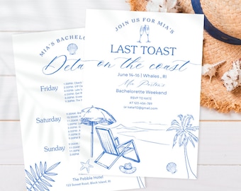 Coastal Bachelorette Party Invitation and Itinerary Template, Last Toast On The Coast Bachelorette Weekend Invite, Beach Bachelorette, Sea