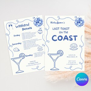 Op de afbeelding: Een blauwe en witte ge&iuml;llustreerde uitnodiging voor een weekendje weg naar Block Island, Rhode Island. De uitnodiging bevat een discobal, een schelp, een cocktailglas en de tekst "Last Toast on the Coast". Het evenement is gepland van 14 tot en met 16 juni.