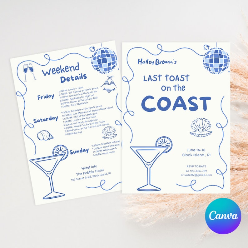 Op de afbeelding: Een blauwe en witte ge&iuml;llustreerde uitnodiging voor een weekendje weg naar Block Island, Rhode Island. De uitnodiging bevat een discobal, een schelp, een cocktailglas en de tekst "Last Toast on the Coast". Het evenement is gepland van 14 tot en met 16 juni.