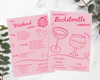 Bachelorette Party Invitation Template Handwritten Hens Party Invites Hand Drawn Scribble Illustrations Bachelorette Itinerary Pink Retro