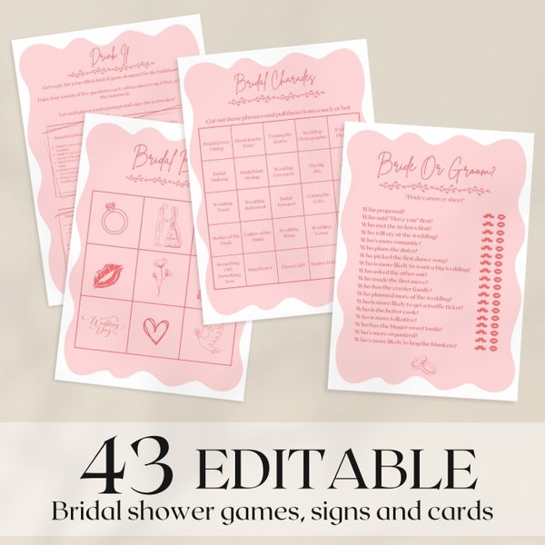 Pink Wavy Bridal Shower Games Bundle Editable, Hot Pink Bridal Games Printable, Modern Bridal Shower Games, Hen Party Game Bundle, Wedding